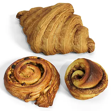 Photoreal 3D Scanned Pastry Set - Croissant, Raisin Roll & Cinnamon Bun