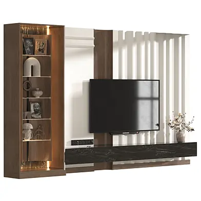 Modern TV Wall Unit with Fluted Panel, Display Cabinet and Marble Floating Shelf-Set 06
