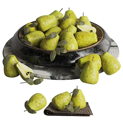 Pears fruit with leaves in a dish