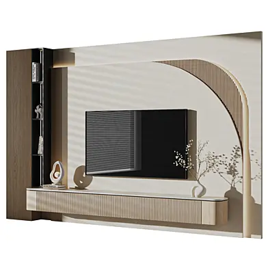 Modern TV Wall with Travertine and Oak Panels