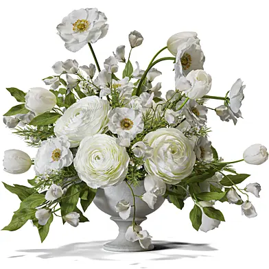Flower Set 190 White Ranunculus Poppy Bouquet Footed Base