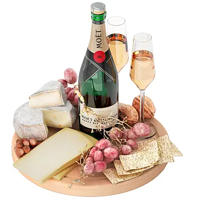luxury champagne set with cheese grapes and nuts
