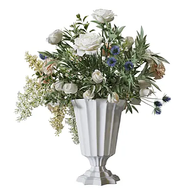 Flower Set 202 White Rose Thistle Bouquet Fluted Urn Vase