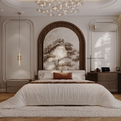 Арка, свет и латунь: Изысканная спальня с акцентным панно