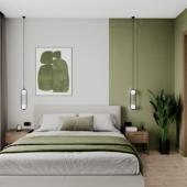 Интерьер спальни в белых и зеленых оттенках(сделано по референсу)
