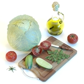Овощи на разделочной доске и оливковое масло