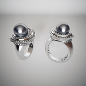 Ring and earring with black pearl