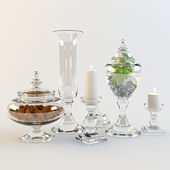 Interior decoration set of vases and candle holders.