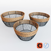 Iron Wire Round Wide-Mouth Basket With Seagrass