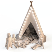 Children&#39;s tent with mannequins seated children