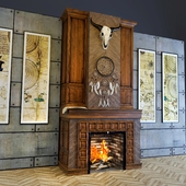 Fireplace with a buffalo skull and a dream catcher