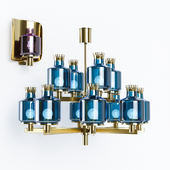 Hans Agne Jakobsson Brass&Blue Glass Tube Chandelier, Wall Lamp model V-222