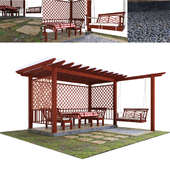 Wooden gazebo with swing and surroundings