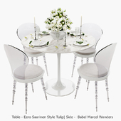 White set / Babel chair by Marcel Wanders, table Eero Saarinen Style Tulip, serving.