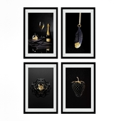 A set of paintings in gold and black shades.