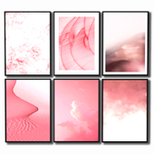 Posters with a pink desert, sea and clouds.
