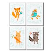 A set of children&#39;s posters for the decoration of a children&#39;s room with a rabbit, a fox, an owl and a raccoon.