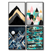 Posters with abstract mountains, sea, sun and moon.