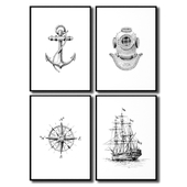 Black and white posters on the sea theme - a ship, a compass, an anchor, a diving helmet. Black and white posters on the naval theme - a ship, a compass, an anchor, a diving helmet.