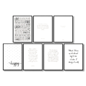 Black and white posters with inscriptions about life, love, family, faith, hope, feelings, etc.