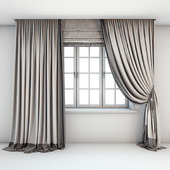 Two-color light curtains in the floor are straight and with a pick-up brush with a dark edging, Roman curtains and a window with layouts.