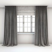 Two-color straight gray curtains in the floor, Roman curtains with a yarrow pattern and a window with layouts.