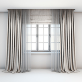 Light beige curtains in the floor with tulle decoration, Roman curtains and a window with layouts.