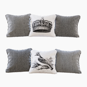 A set of pillows with prints: bird, crown, chevron and goose paw (Pillows bird crown chevron and houndstooth)