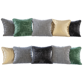 A set of pillows: black, green velvet, chevron, goose paw and gold (Pillows black green velvet chevron houndstooth and gold)