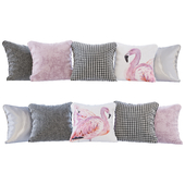 A set of pillows with prints: flamingos, pink velvet, chevron goose paw and silver (Pillows flamingo pink velvet chevron houndstooth and silver)