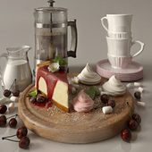 Kitchen set with cofee and cherry cheesecake