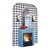 Fireplace blue, sconce, red decor, mirror and pop art panel (Fireplace sconce mirror and decor pop art Blue red 01 YOU)