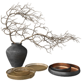 Rustic Set - Vase, Branch, Copper Bowl and Brass Tray