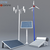 solar panel, solar heater and wind turbine