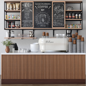 Design project of a cafe in ethnic style with a coffee machine and accessories on the shelves