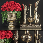 Decoration Set 23 Red Roses in antique vases.