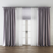 Draped Back Tab Silk Curtains with Tulle and Roman Shade