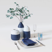 Table setting with eucalyptus branch.