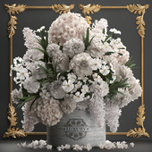 A beautiful lush modern bouquet of white flowers in a luxury vase with a molded frame, hydrangea, lilac, peonies, oleander, gold. Set 91.