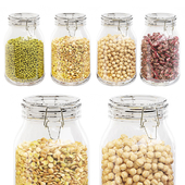 Kitchen glass jars set with beans, chickpeas, lentils and mung beans