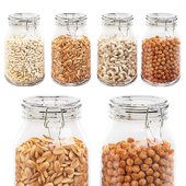 Kitchen glass jars set with nuts