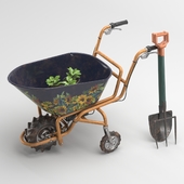 Wheelbarrow and garden tools