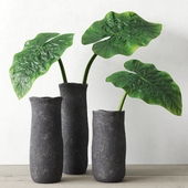 Restoration Hardware Crosshatch Concrete Vase Collection With Taro Leaves