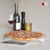 Set with pizza and wine.