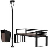 Exterior elements: bench, urn, lantern