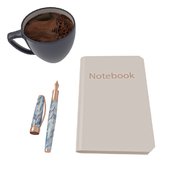 Notebook, fountain pen, coffee cup