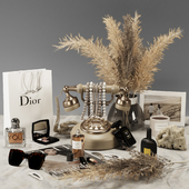 Decorative set 01_Cosmetics with pampas and antique telephone