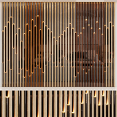 Headboard made of wooden slats, cognac mirror and polished pipes