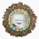 Maximalist Gemmed Cloisonné Wreath Mirror With Peacock