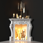 Corner fireplace with candles. Decorative set